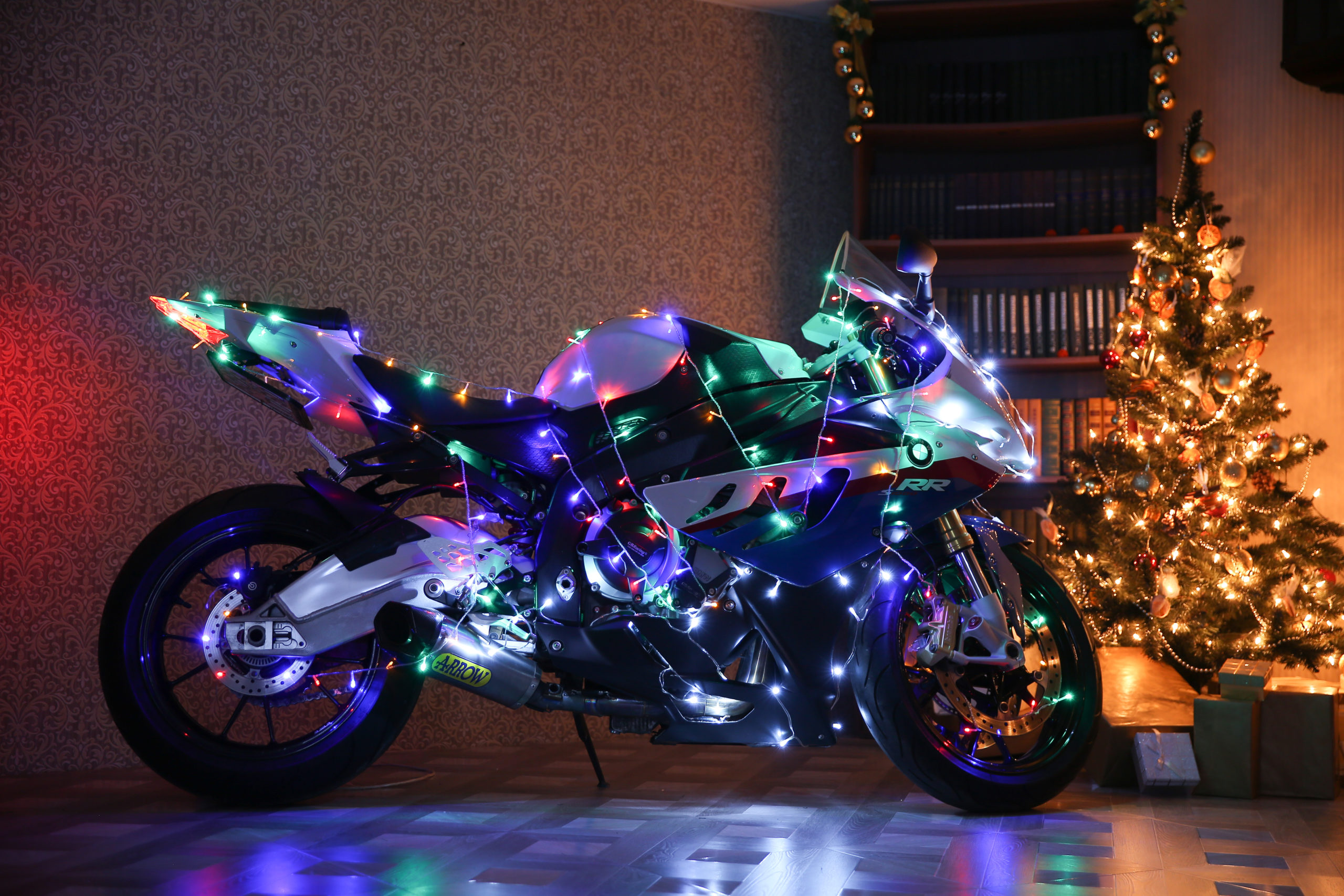 Motorcycle by Christmas tree